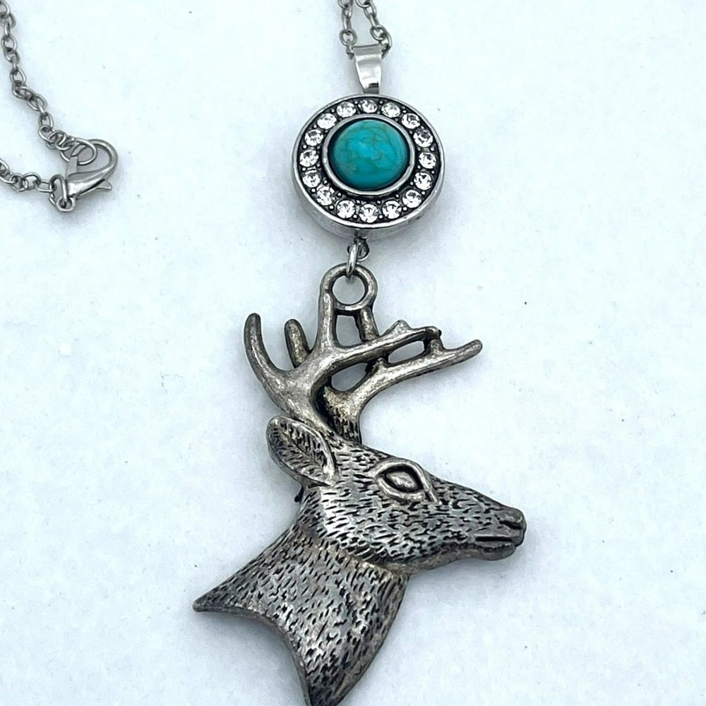 Deer Stag Head Pendant Faux Turquoise‎ Rhinestone Antiqued Silver Tone Necklace